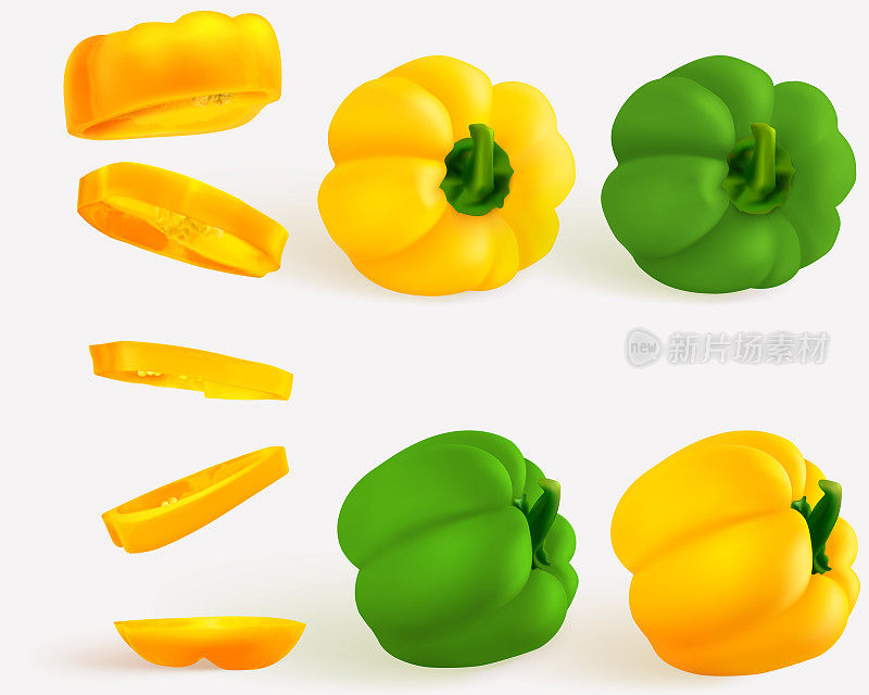 Hungarian pepper, realistic sweet papper. Capsicum habanero colorful paprika isolated on light background.